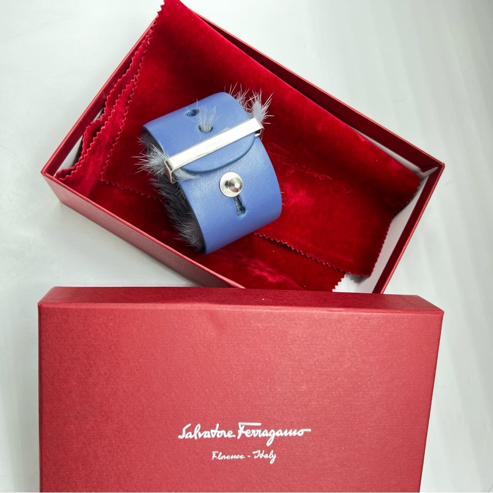 Salvatore Ferragamo Alto Fur & Leather Dyed Blue Bracelet Reversible New in Box